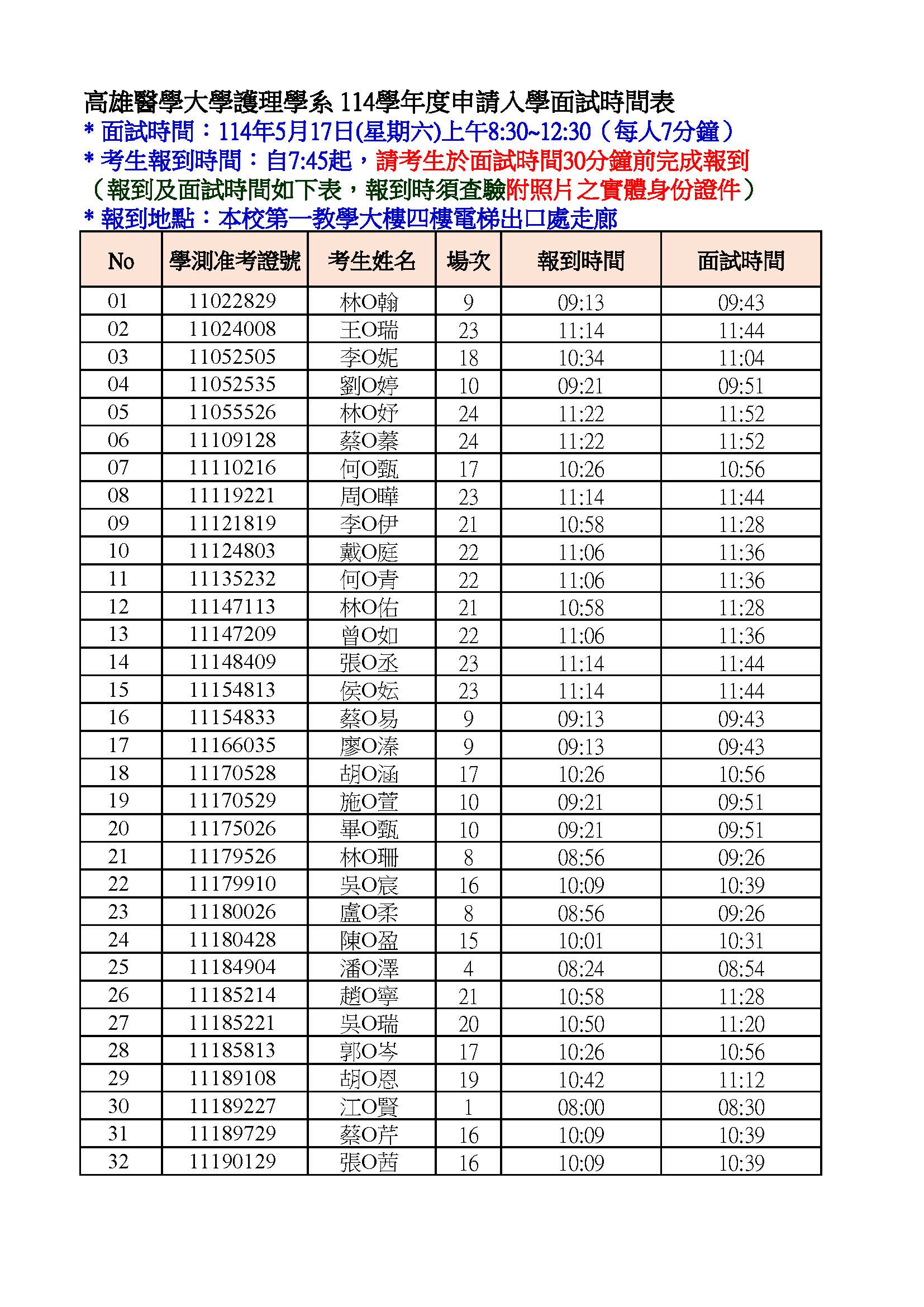 114 護系申請入學面試時間表公告版 頁面 1