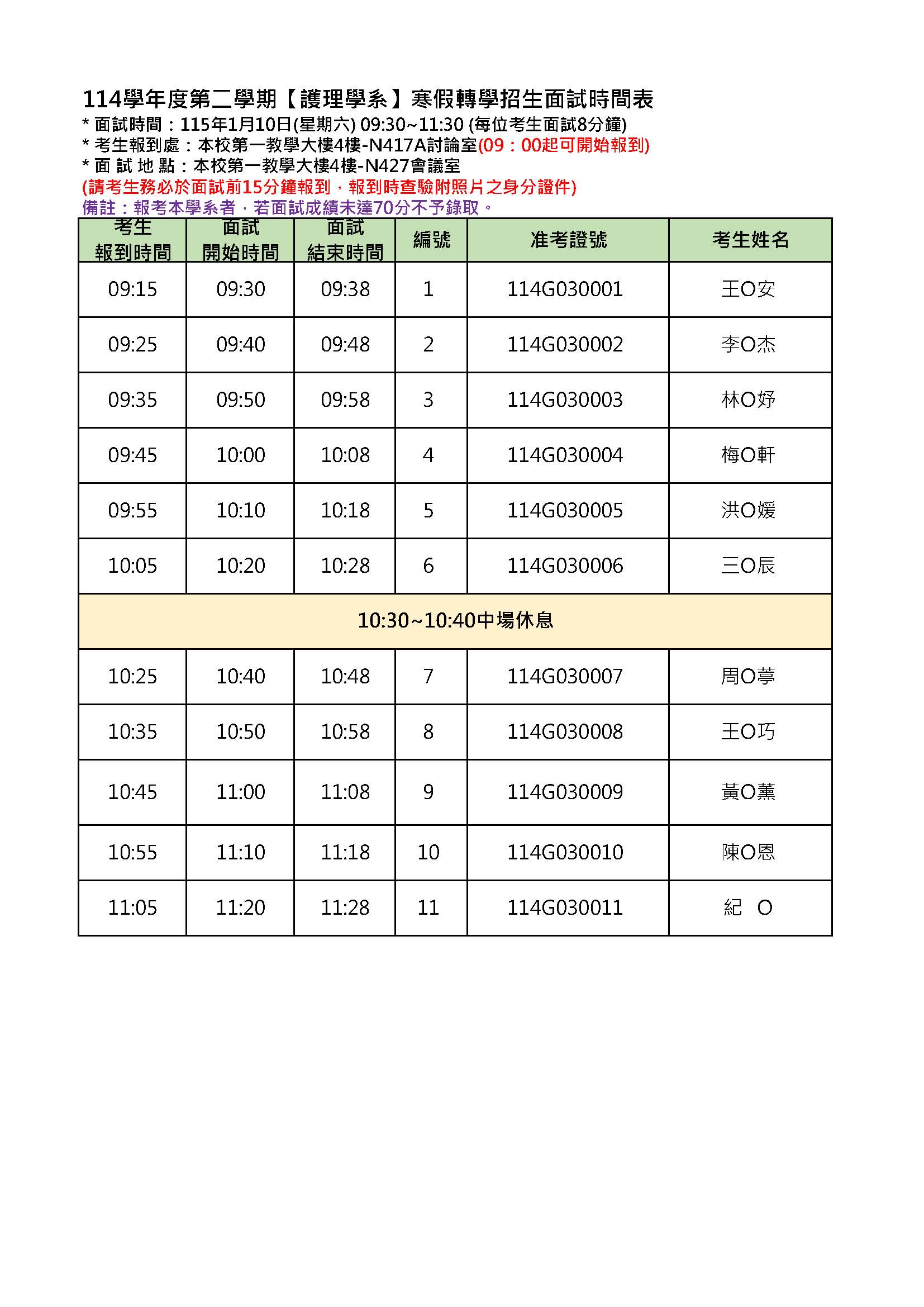 護系11402寒轉面試時間表